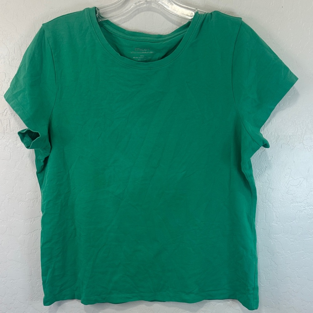 Chico's size 2 large Short Sleeve shirt Crewneck Emerald Green cotton stretch
